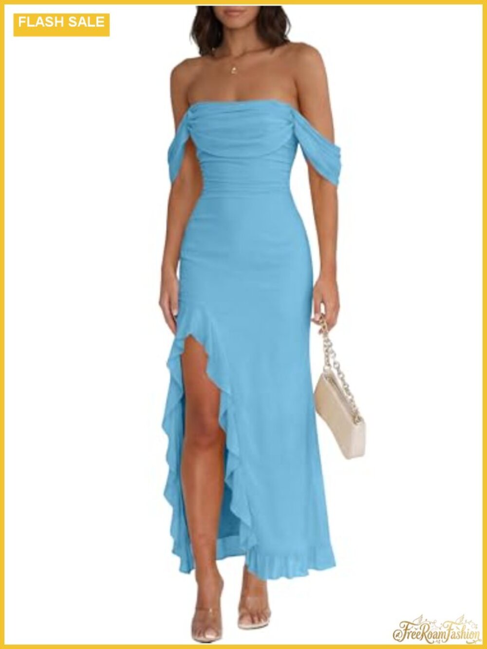 Off Shoulder Bodycon Maxi Dress Ruched Sleeveless Slit Cocktail Party